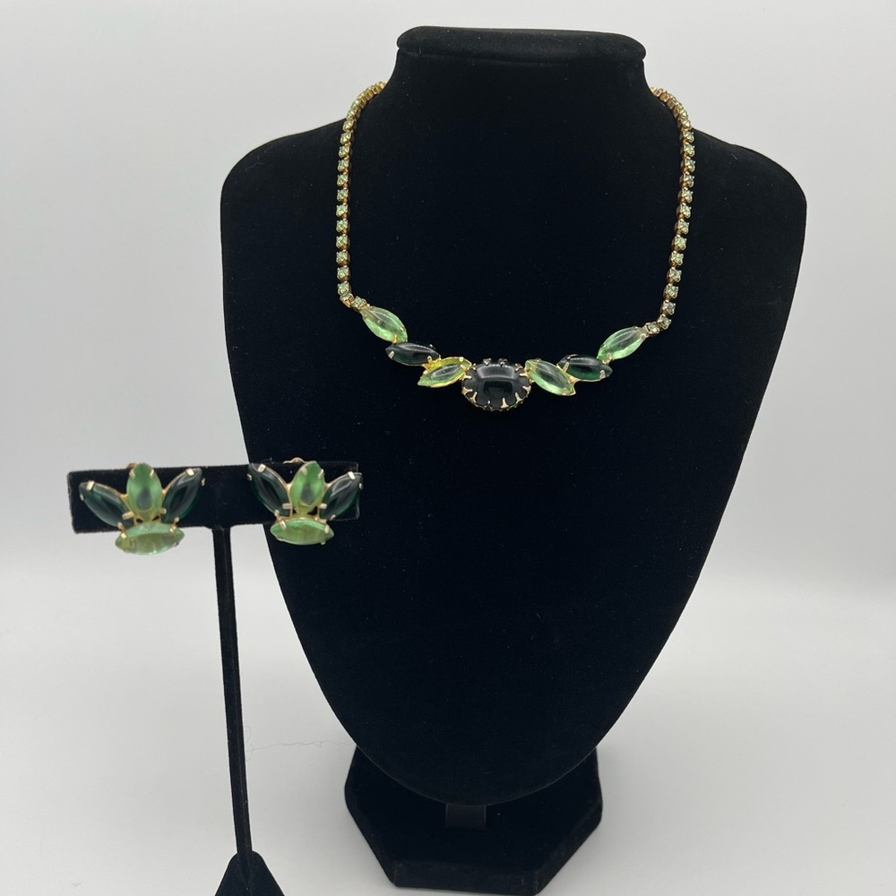 Vintage Emerald Green AB Rhinestone Necklace Earring Set, 66g Heavy Open Back